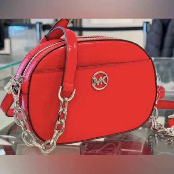 MICHAEL KORS Jet Set Glam Oval Crossbody Bag Small Bright Red NWT